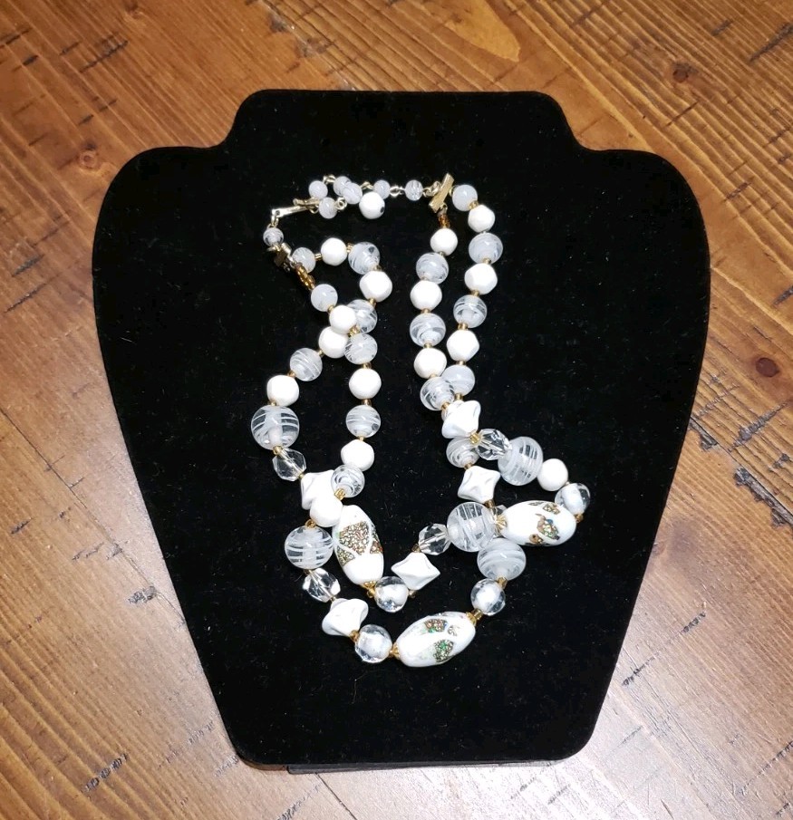 Vtg MCM Bridal Wedding Double Strand White Glass Bead Choker with Gold Accent