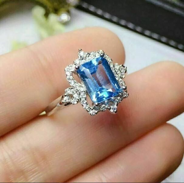 14k White Gold Plated 3Ct Emerald Lab Created Blue Topaz Engagement Halo Ring