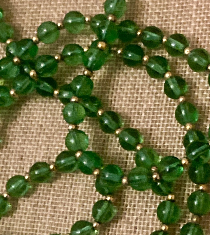 Vintage Glass Beaded Necklace Green Gold Tone 59″ Flapper
