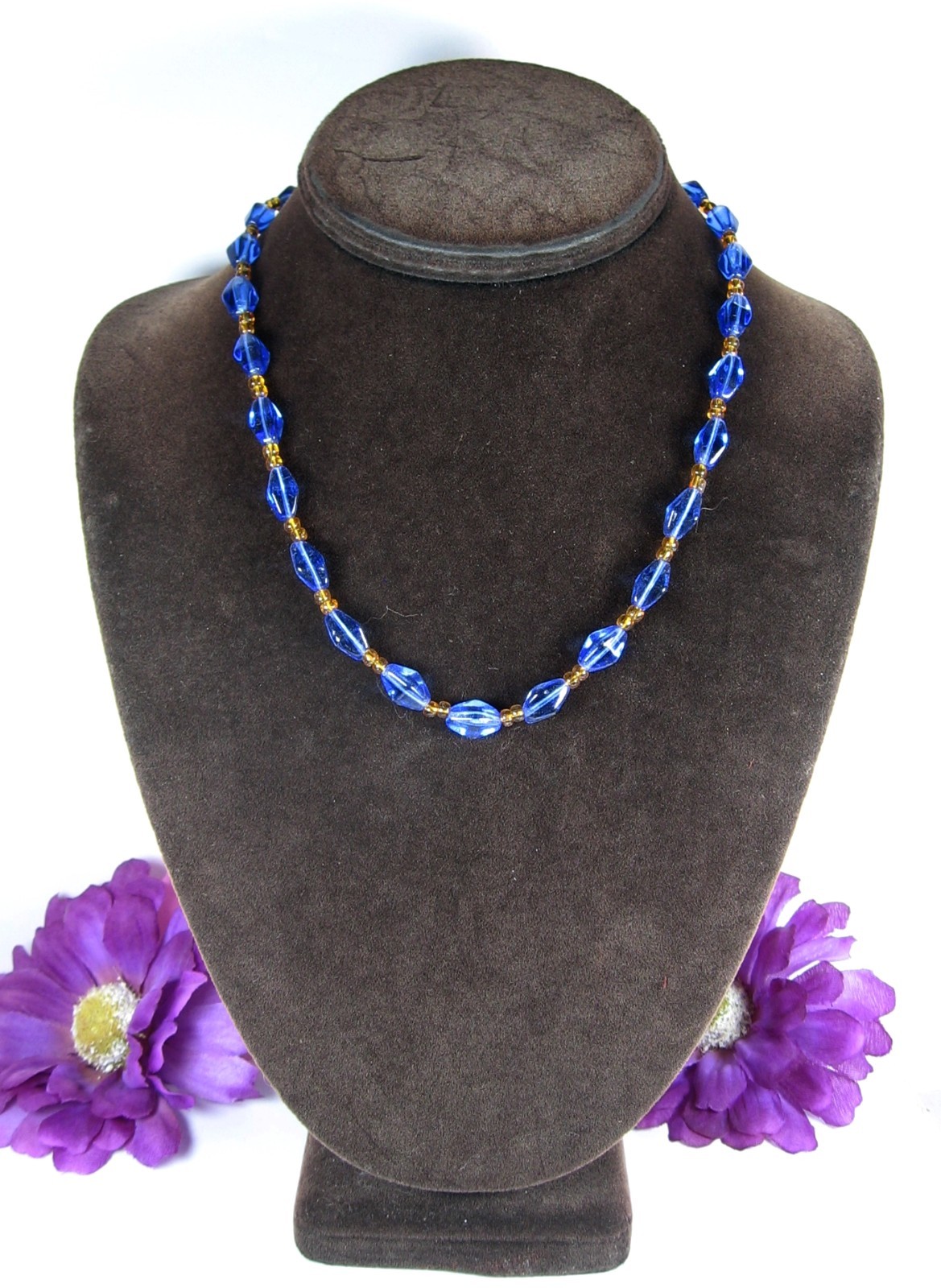 BLUE & AMBER-YELLOW Glass BEADNECKLACE Vintage Beaded Bicone Choker 18″