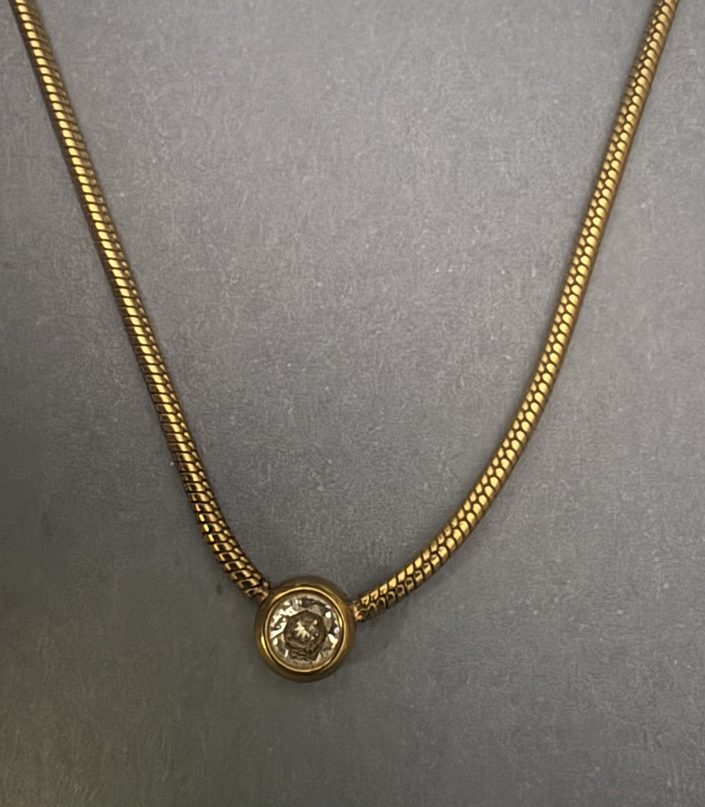 VTG Gold Tone Bezel Set Small Round CZ On A Snake Chain 16in With 3In Extender