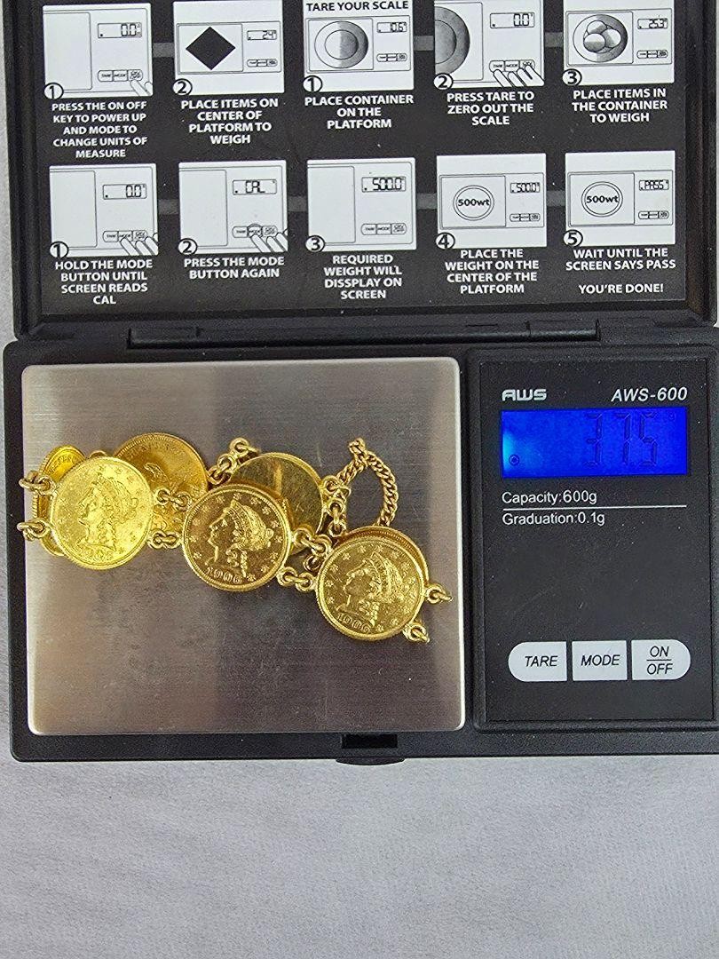 7 Coin 1906 Liberty Head Quarter Eagle 22k 2.50 Dollar Gold Chain Link Bracelet
