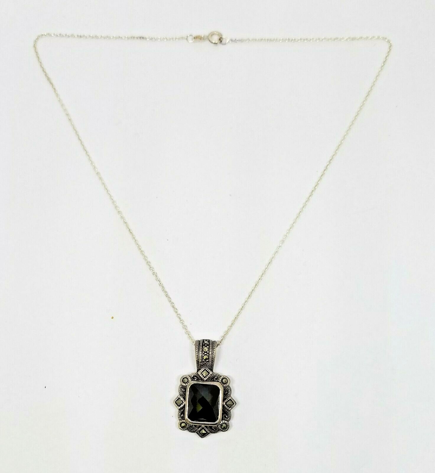 HSN CFJ Sterling Silver Faceted Onyx Marcasite Pendant Necklace ~ 16″