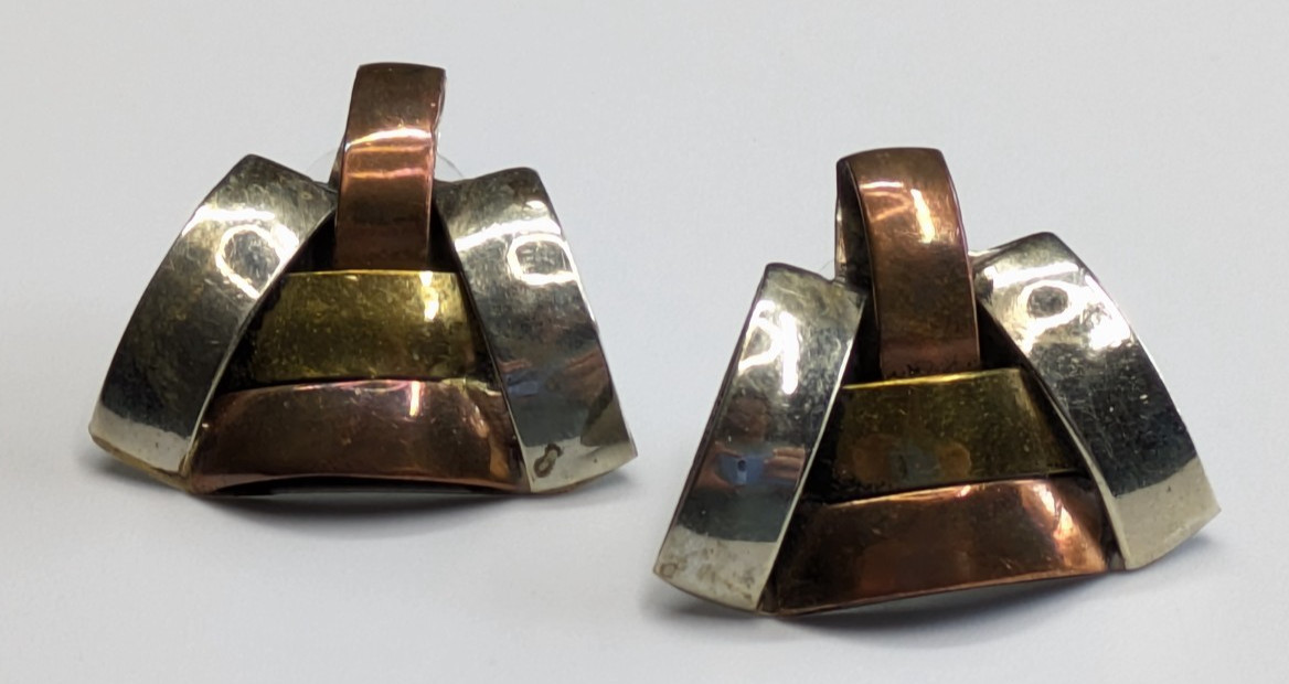 VTG Artisan Copper Brass Silver Tone Metal Modernist Pierced Earrings 7/8″
