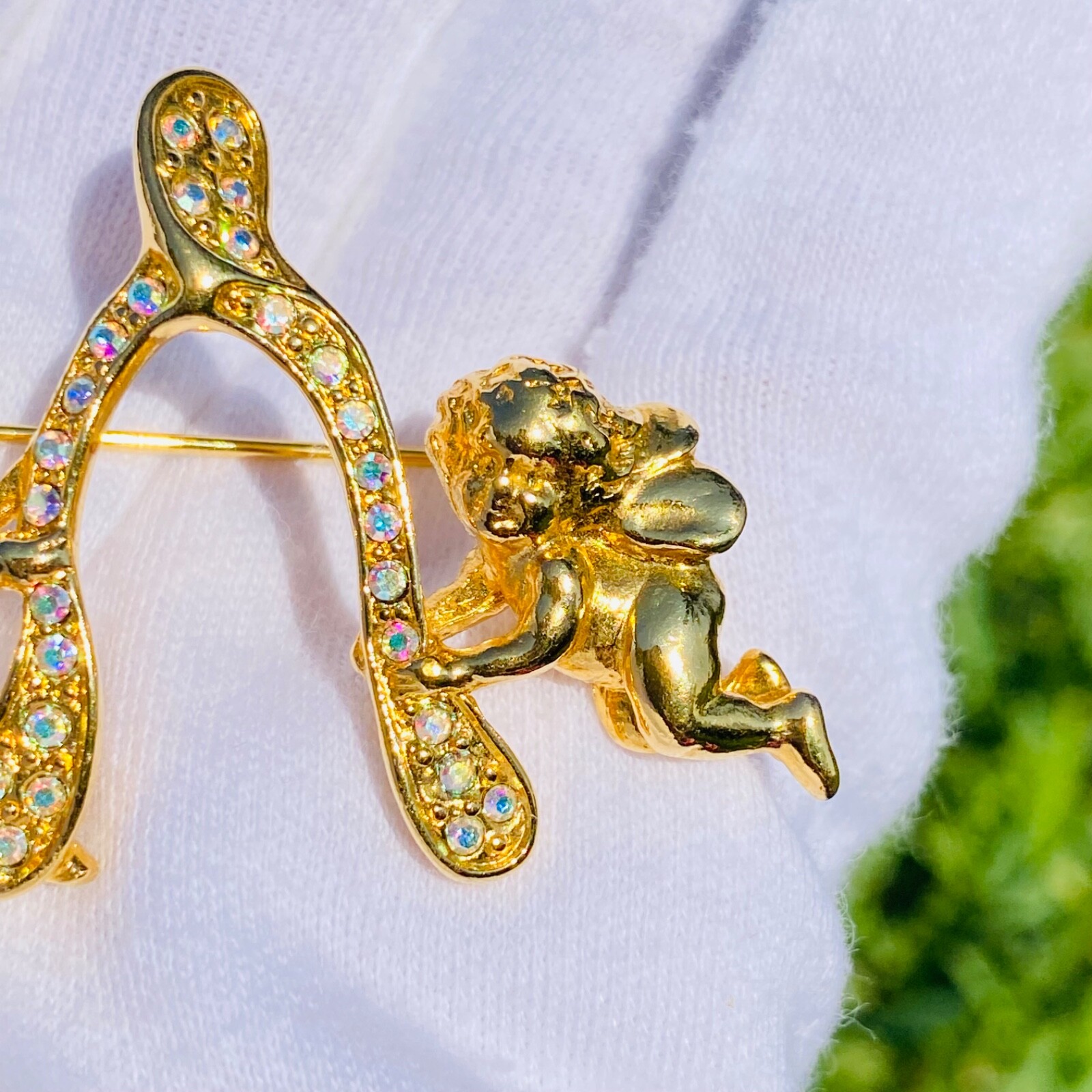 Sparkling Kirk’s Folly Signed Gold Tone Angel Cherub Wishbone Brooch Pin