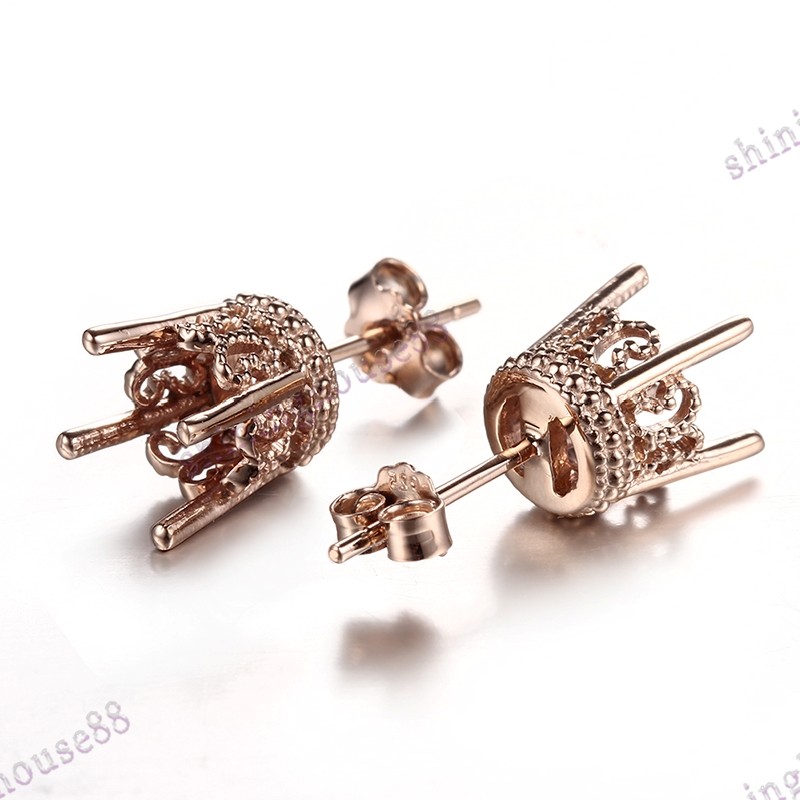 Solid 10k Rose Gold Earrings 7mm Round Cut Mount Vintage Engrave Prong Setting