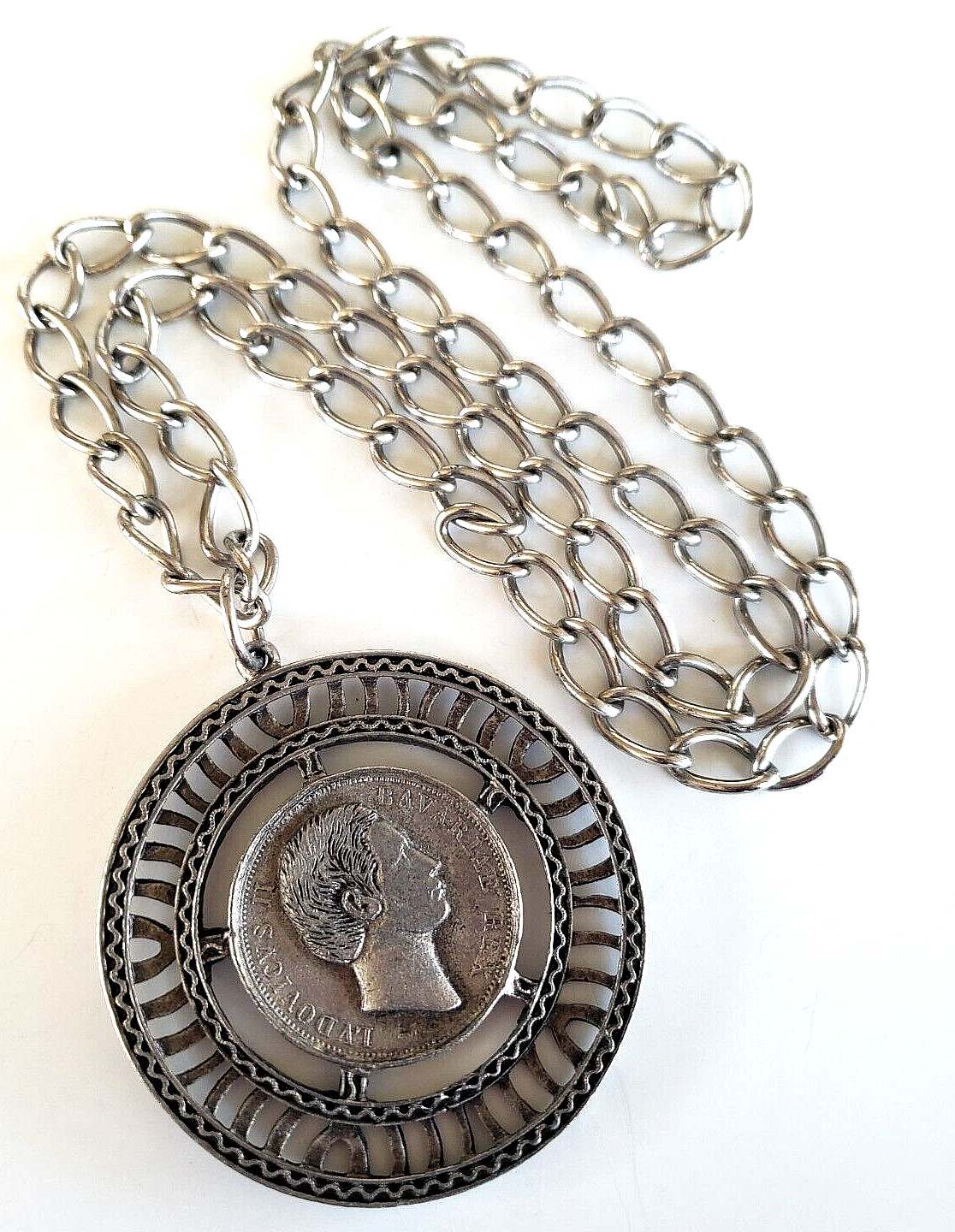 Vintage Medallion Coin Silver Tone Clasp Less Necklace 28″