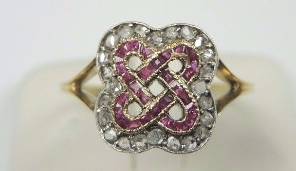 Victorian Art Deco Diamond Ruby 18K Yellow Gold Ring Size 9 UK-R1/2 Fine