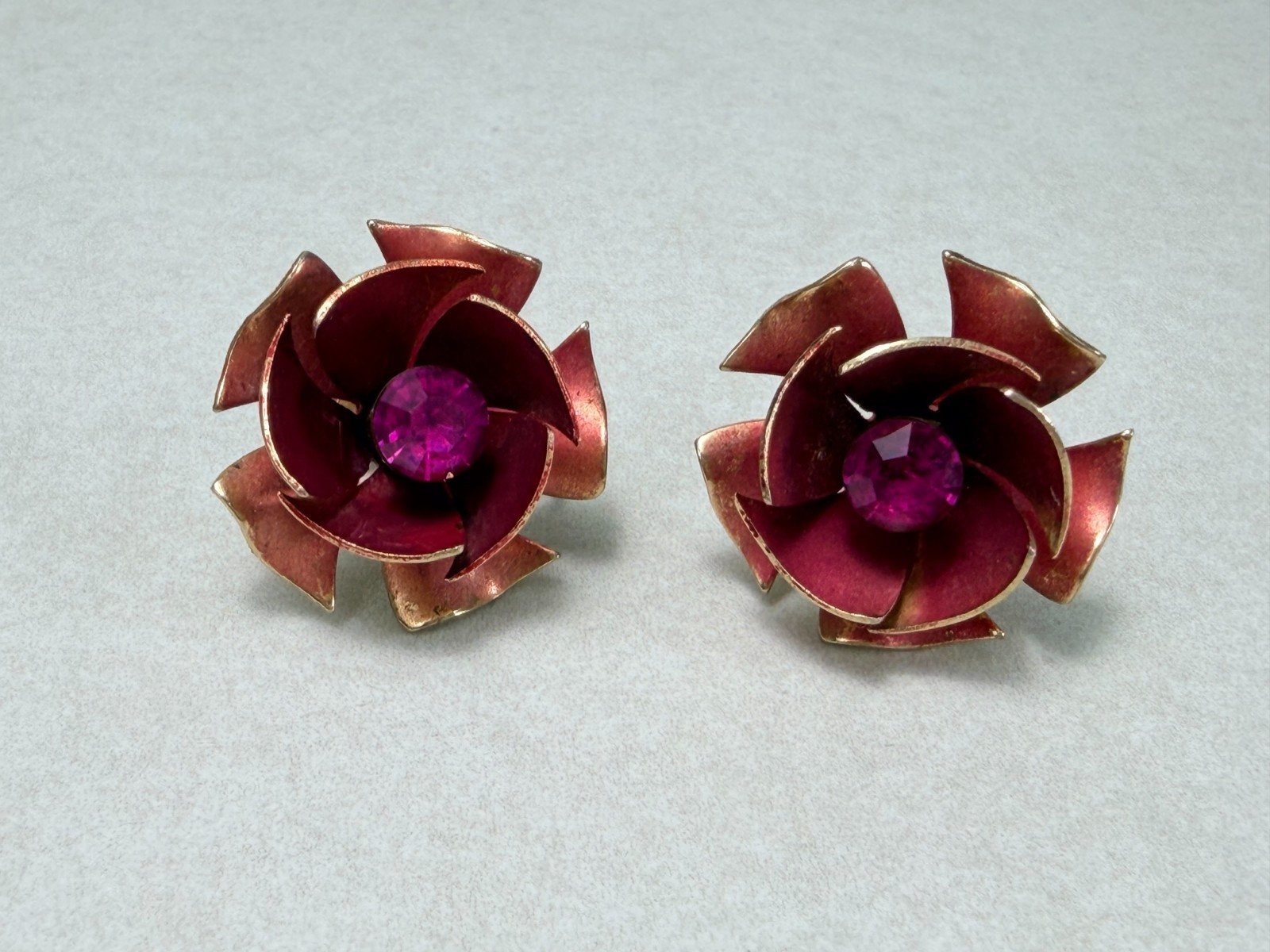 Coro Pink Enamel Rose Earrings Rhinestone Center Adjustable Clip On
