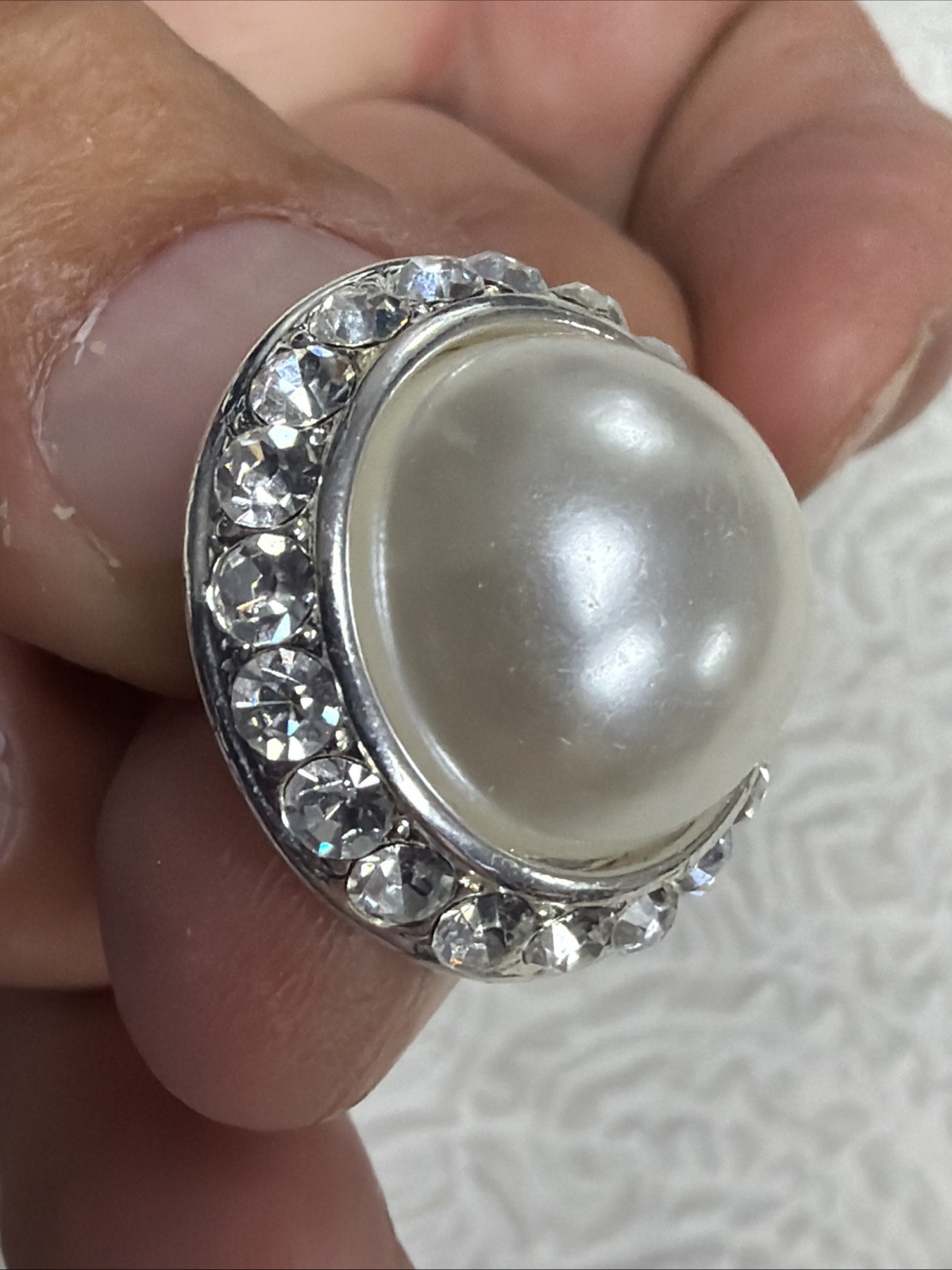 Vintage Large Dome Faux-Pearl Cabochon Encircled by a Halo of Clear Rhinestones