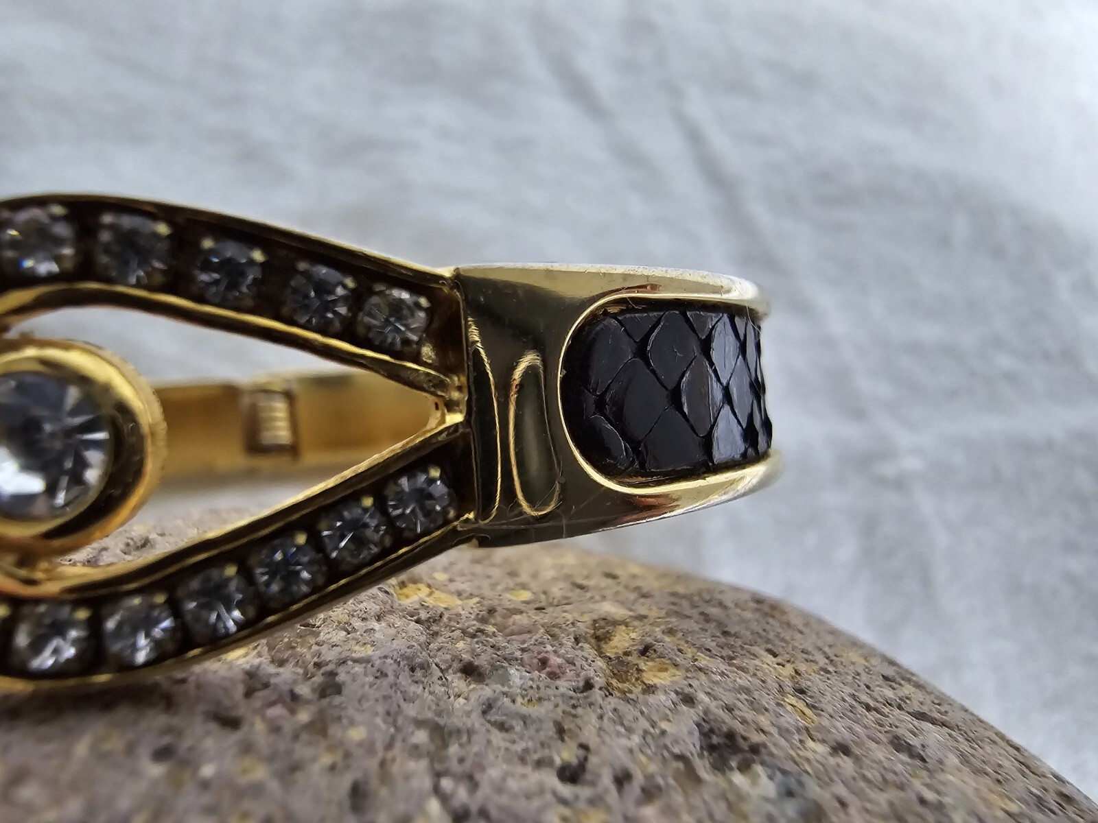 Goldtone Rhinestone Black Faux Leather Hinged Bracelet Oval Shaped 2.5″ x 2″