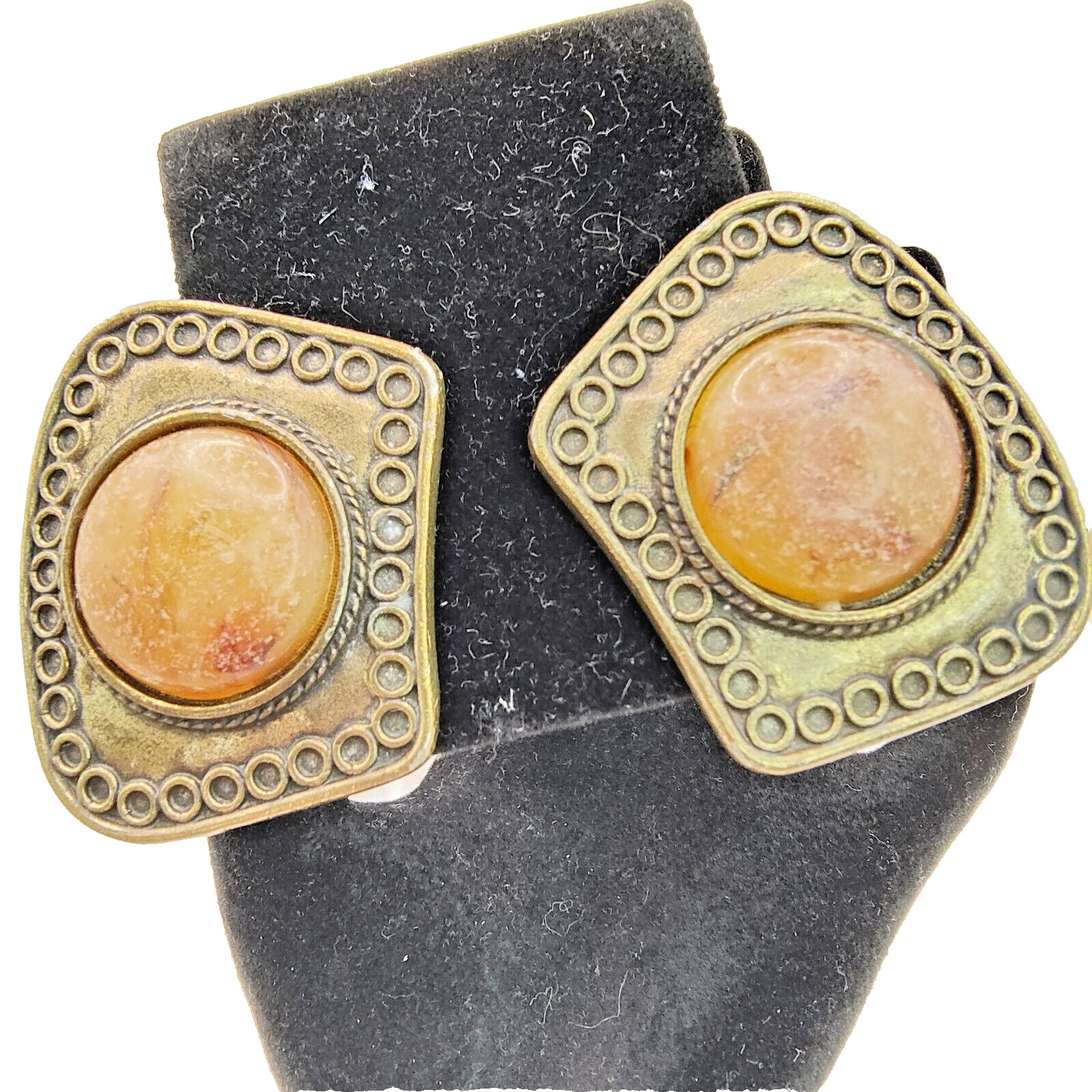 VTG Brutalist Earrings Clip On Brass Plated Unpolished Stone Ornamented Border