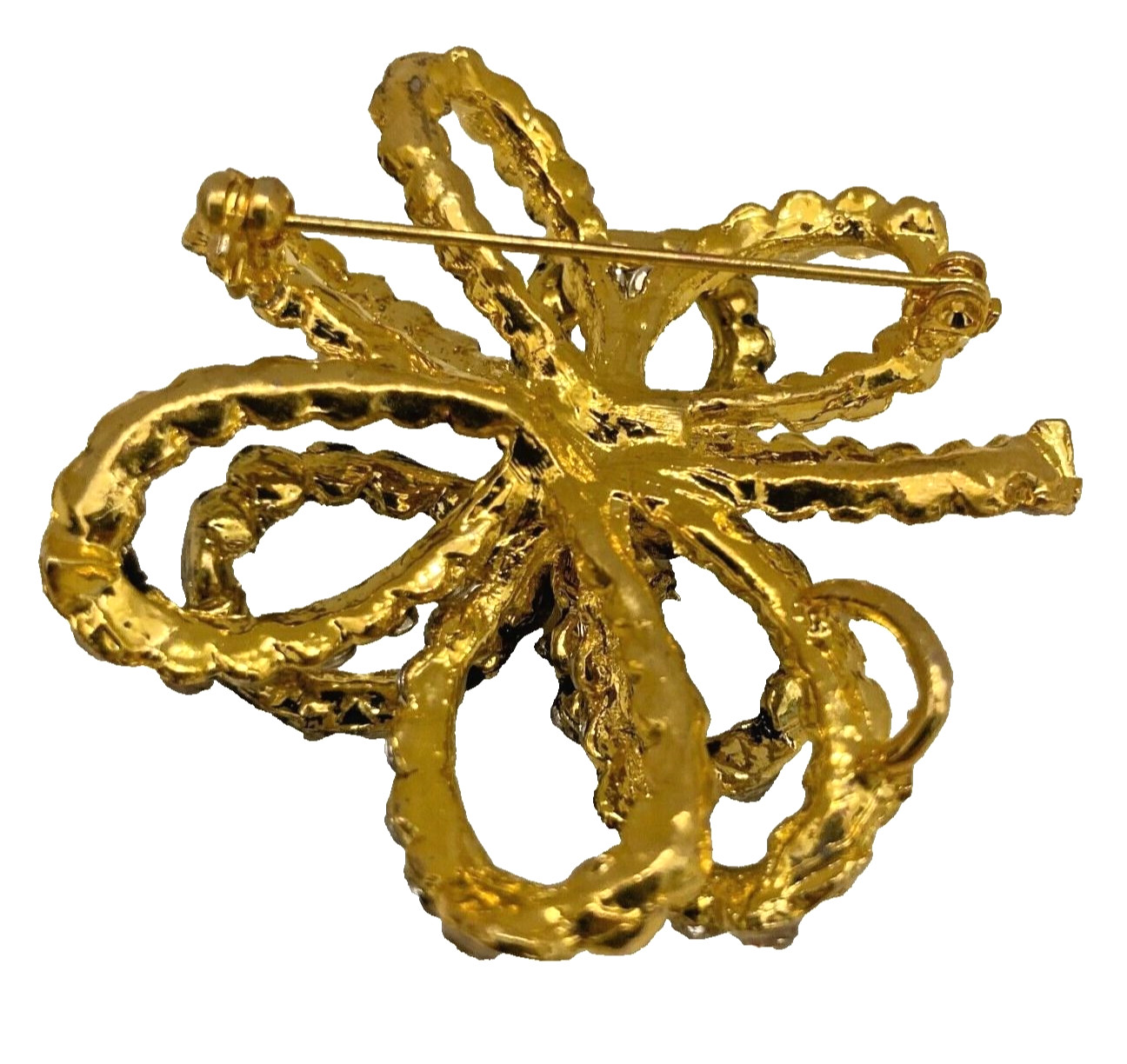 Brooch Pin / Pendant Gold Tone Honey Amber Color And Rhinestones Bow Vintage USA