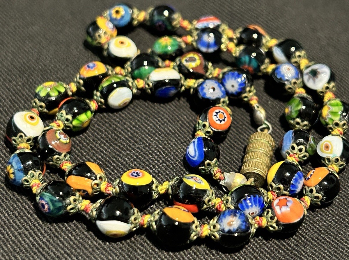 VTG Venetian Colorful Millefiori Glass Beads Knotted Choker Necklace 5mm x 17.5″