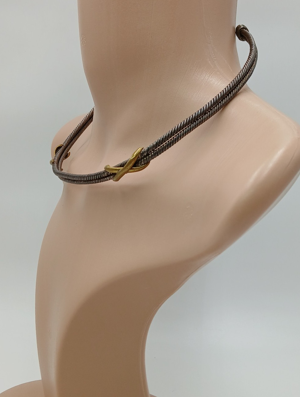 VTG 925 Taxco Mexico Heavy Cable Choker Necklace 61g Two Tone Accent End Caps