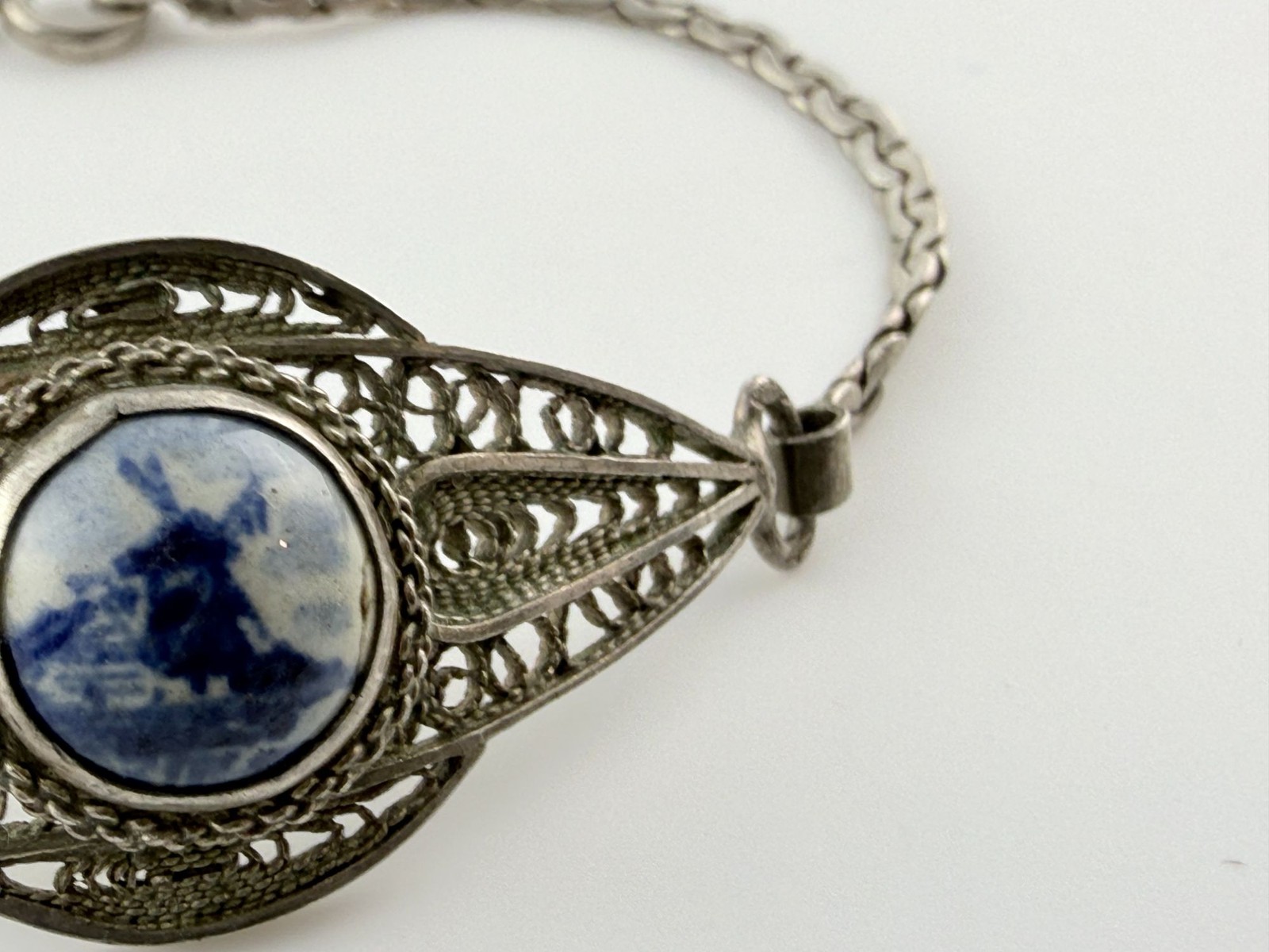 Vintage 800 Silver Filigree Blue Delft Dutch Porcelain Windmill Bracelet 7.25 In