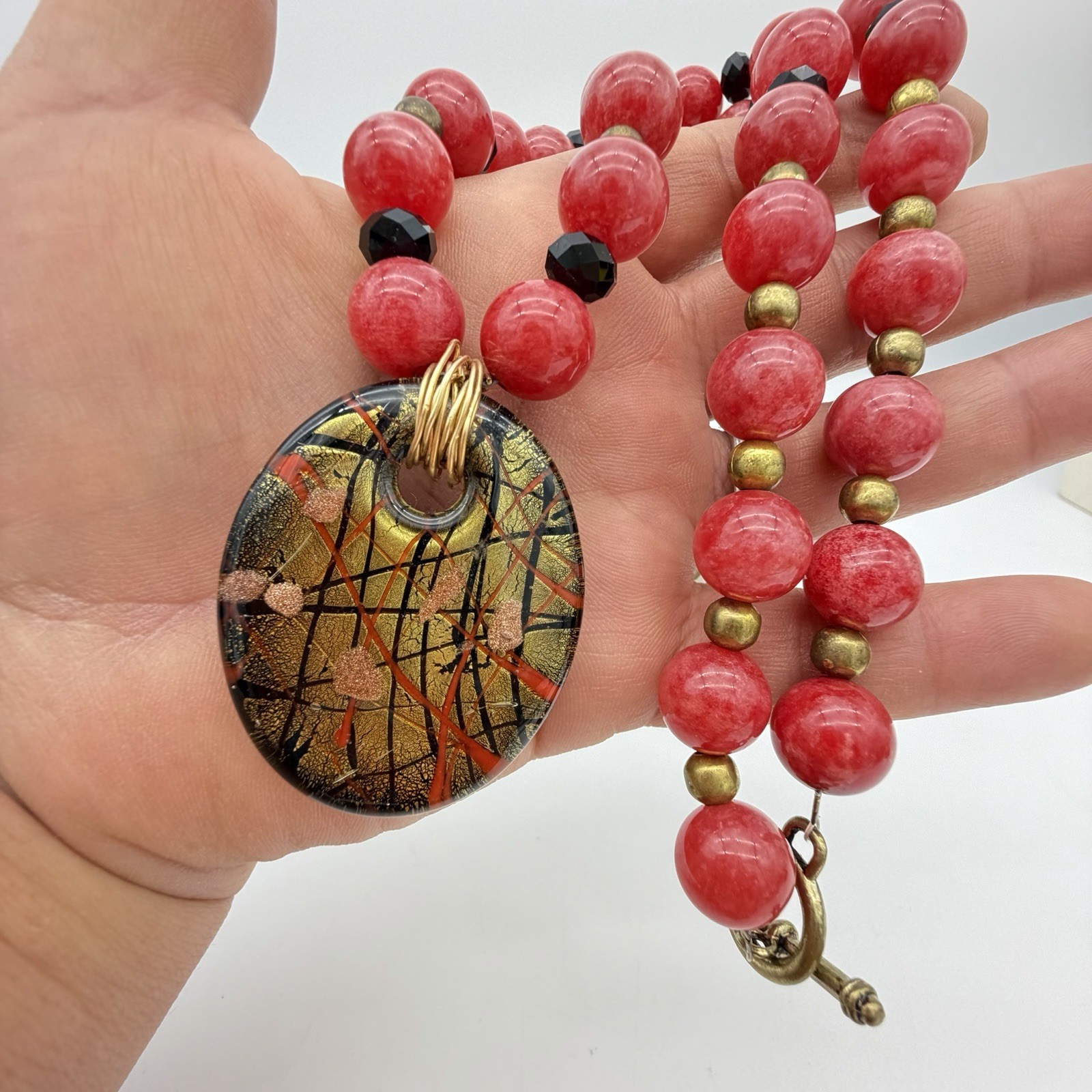 Vintage Artisan Rhodocrosite Pink Gemstone Necklace Murano Pendant Estate