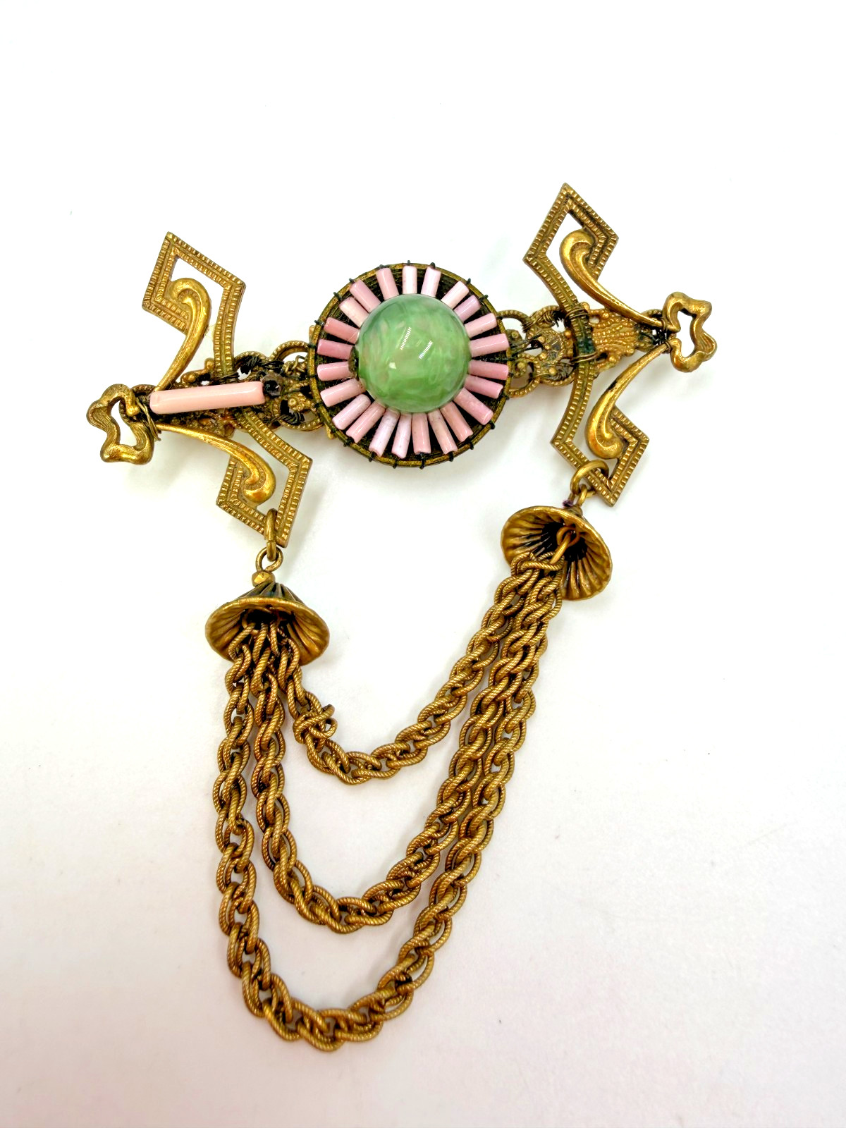 Vintage Brooch Miriam Haskell Brass Pink Green Glass Swag Festoon Signed PJ