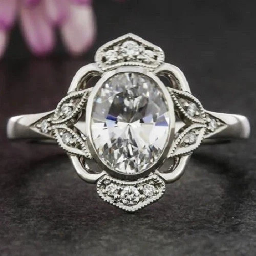 Art Deco Style Filigree Oval Lab Created Diamond Wedding 14K White Gold FN Ring