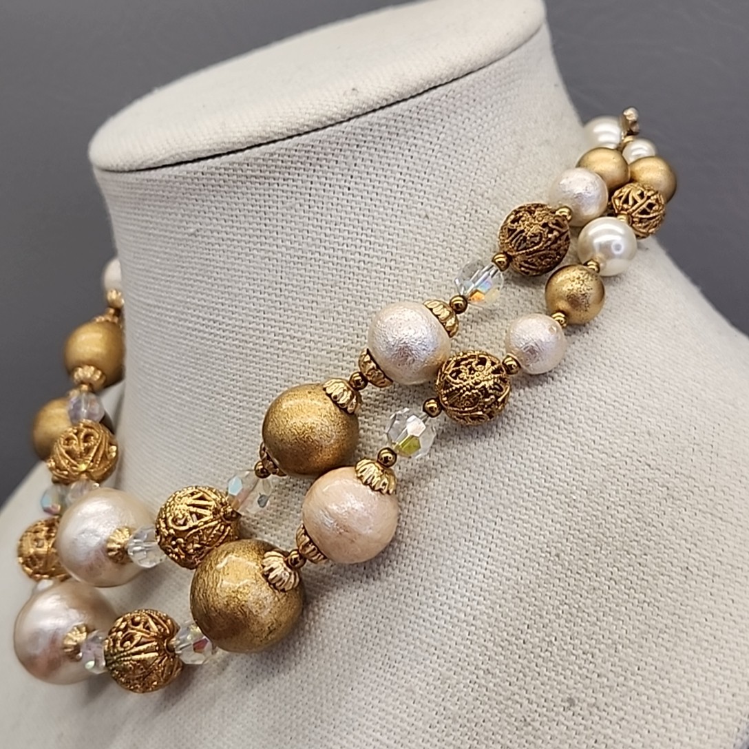 Vintage Beaded Necklace AB Cream Gold Tone Filigree Balls Layered 16″