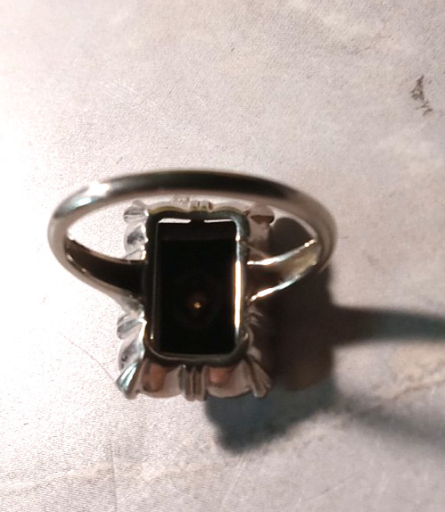 Vintage ESTATE 10k White Gold Onyx & DIAMOND Ring–Size 5