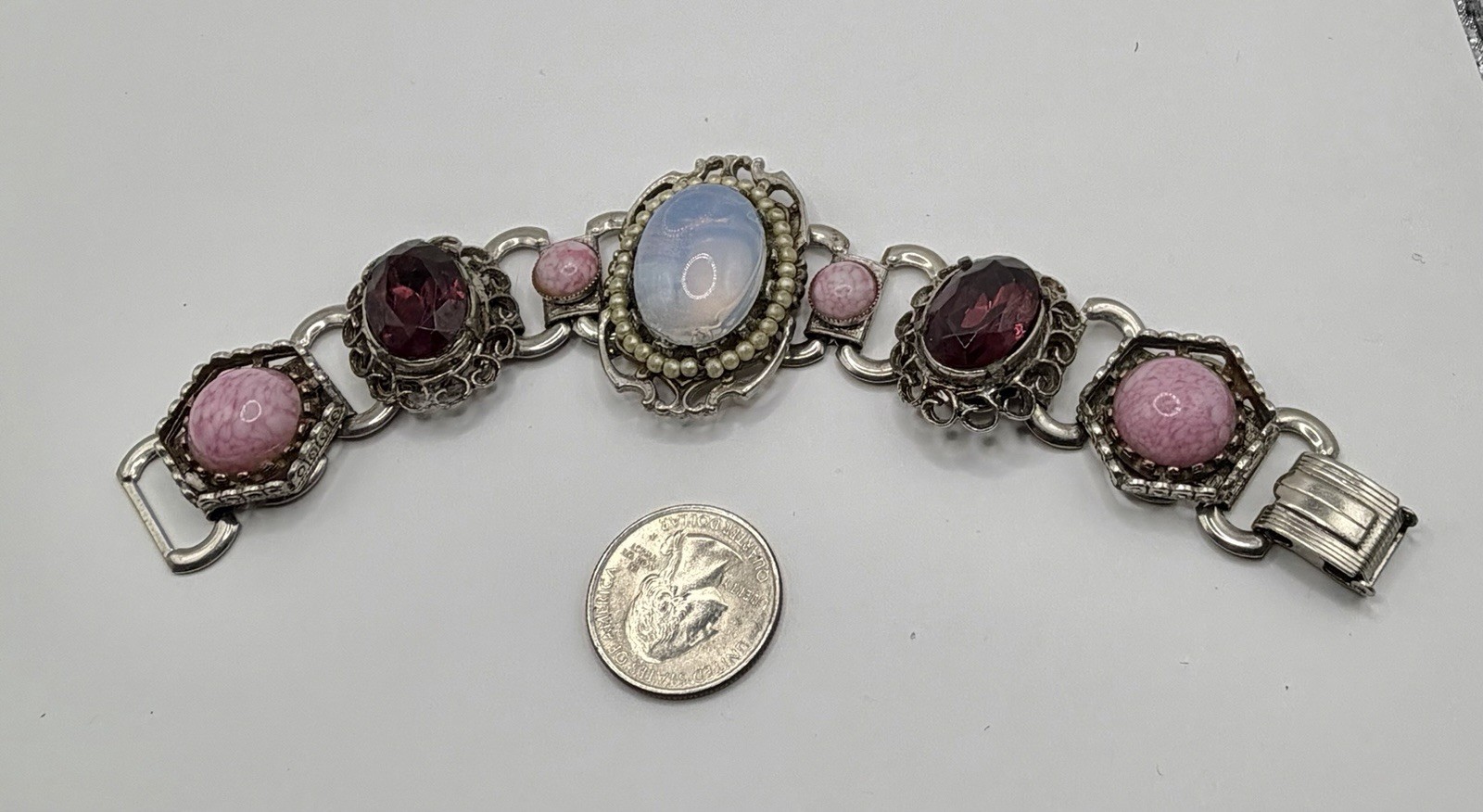 Vintage MCM Upcycled Pink Marbled & Red Rhinestone Clear Opalite Design Bracelet