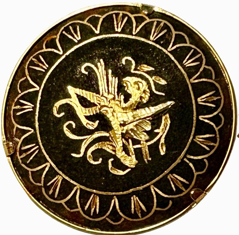 Damascene Brooch Stylized Center Black Enamel/Gold Trombone Clasp Excellent Cond