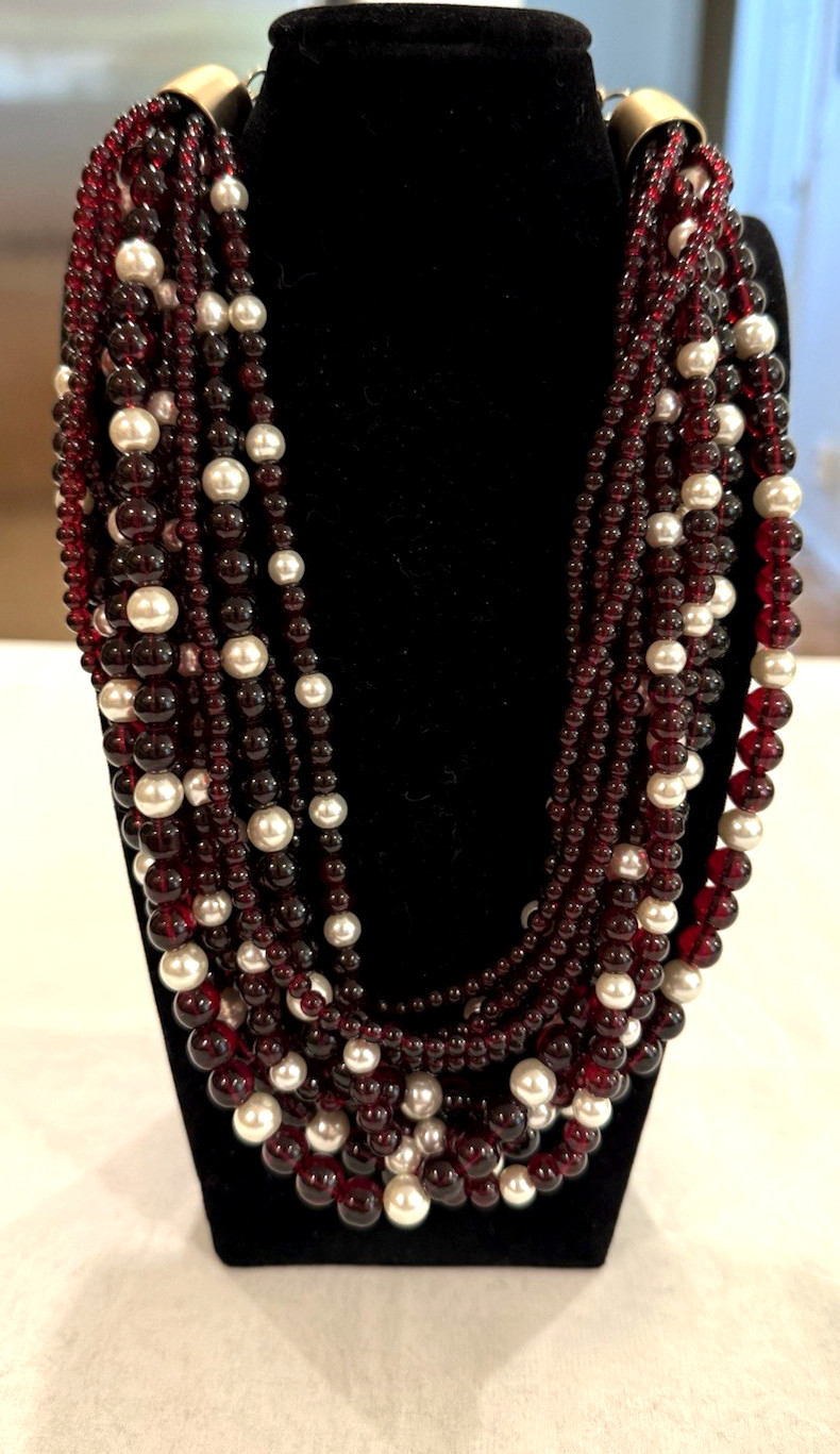 Vintage Multi-Strand Ruby Red Beaded Necklace with Faux Pearl Accents