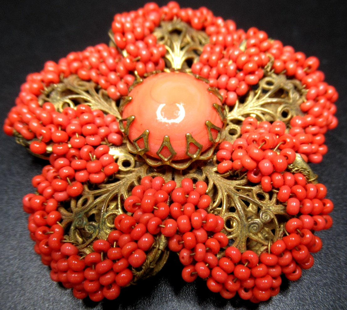 MIRIAM HASKELL Orange Glass Beaded Flower Vintage Pin Brooch