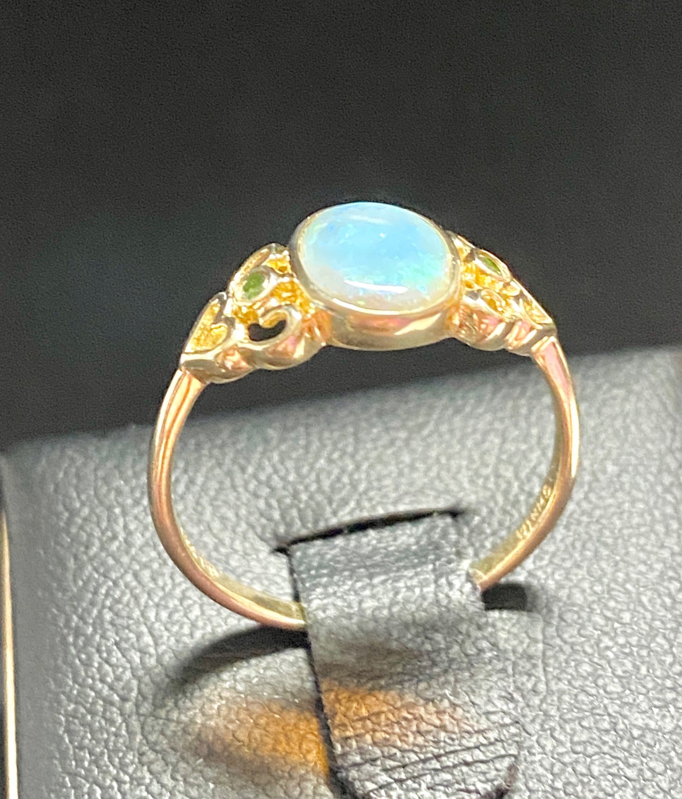 Vintage 14k Yellow Gold Heart Design Opal and Green Diamond Ring Size 7 to 7.25