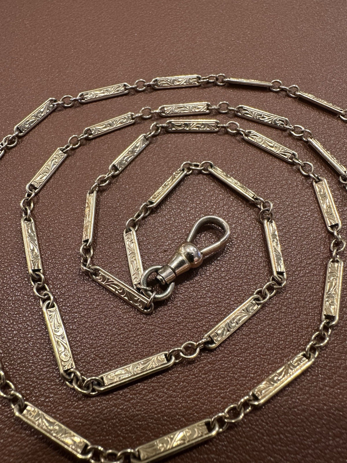 Antique Gold Filled 25″ Fancy Hand Engraved Bar Link Chain Necklace w/ Dog Clip