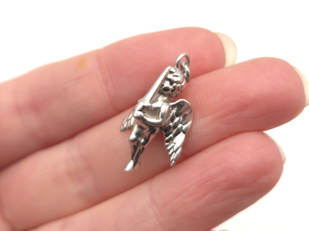 Vintage Sterling Silver Signed Guardian Angel w/ Sword Cherub Charm Pendant