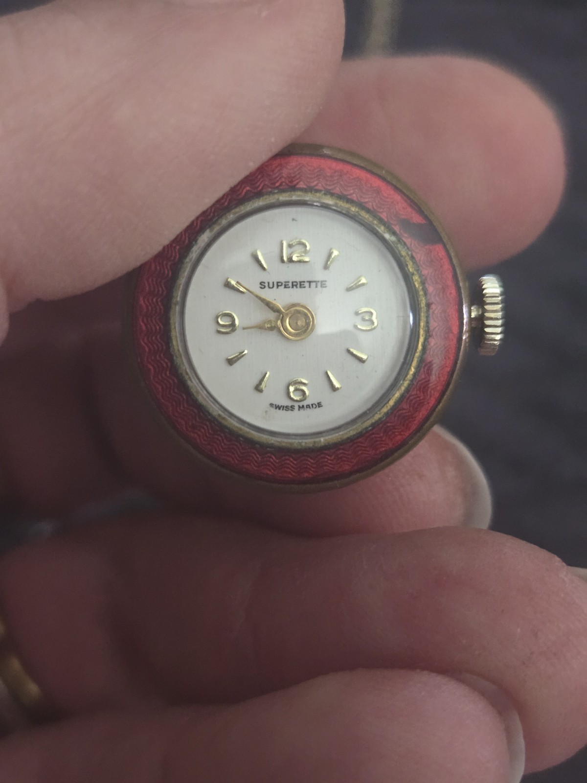 Vintage Gold-Plated Red Enamel Guilloche Hand-Winding Ball Pendant Swiss Watch