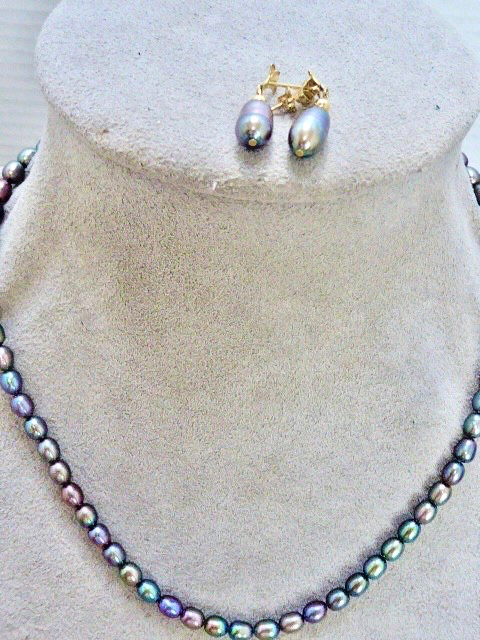 16.5 ” CULTURED gray blue PEARL KNOTTED NECKLACE 14K W GOLD CLASP & EARRINGS