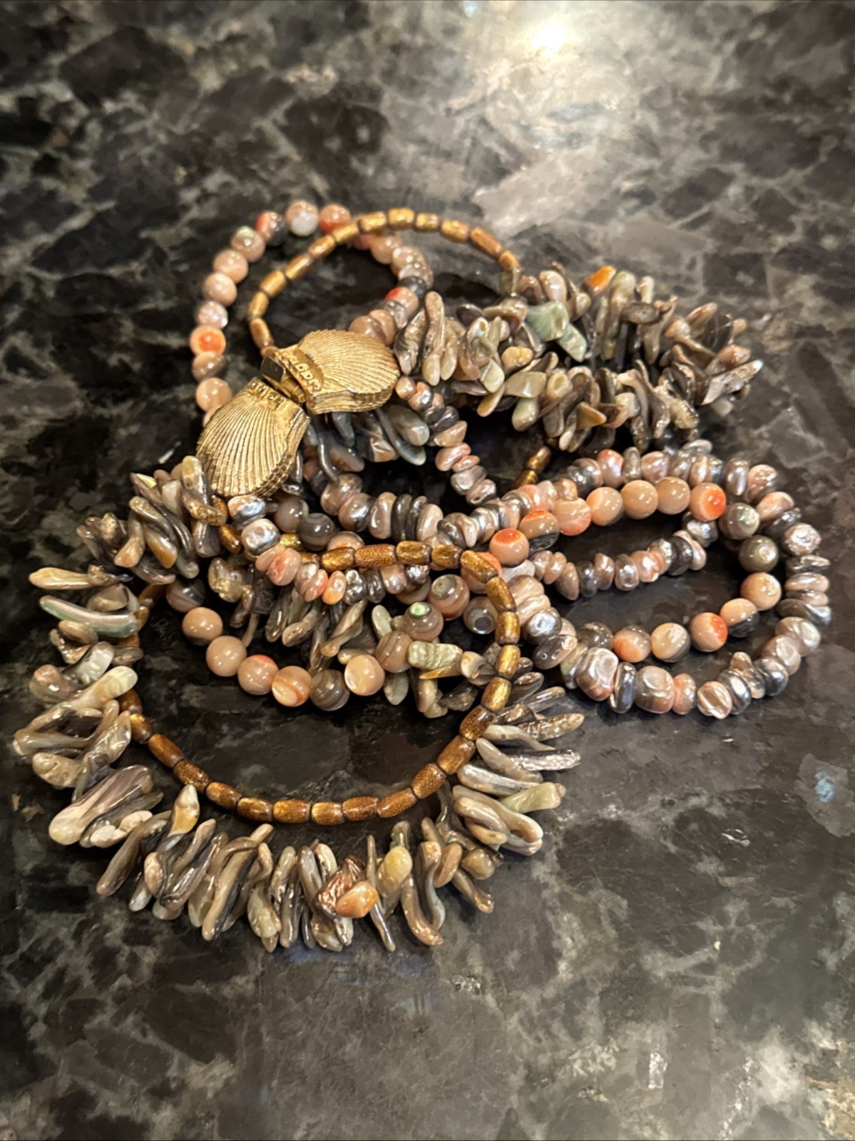 Vtg HELGA WAGNER 4 Strand Polished Shell Fall Bronze Gold Seashell 17″ Necklace