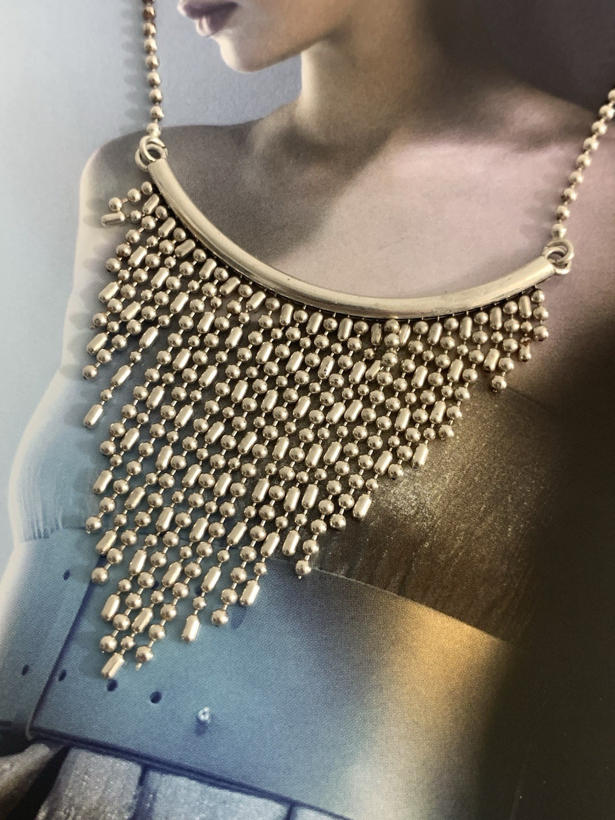 925 Sterling Silv Beaded Chain Cascading Fringe Bib Necklace Signed ATI Italy