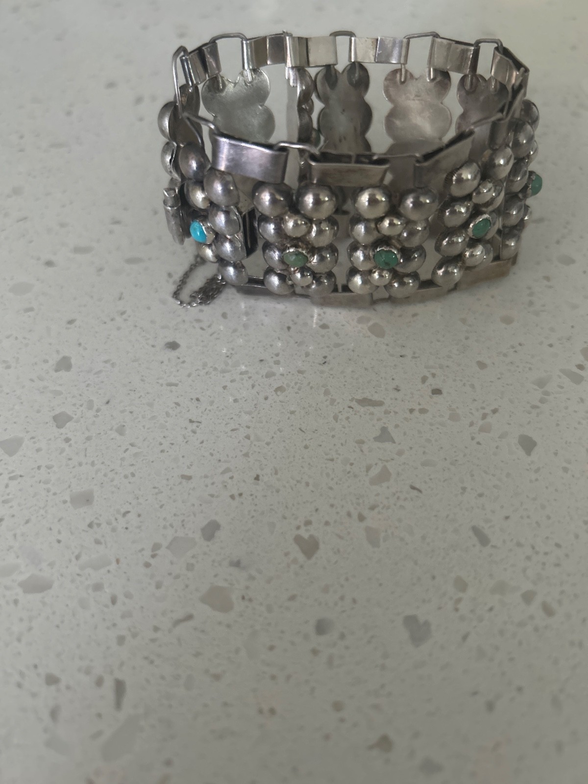 Vintage Silver Mexican Modernist Caviar Link Bracelet W/Small Cabochon Turq Ston
