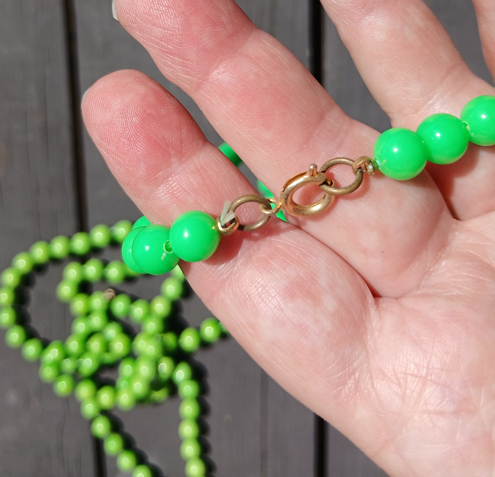2 Vintage Bright Vivid Green Plastic Beads Necklaces