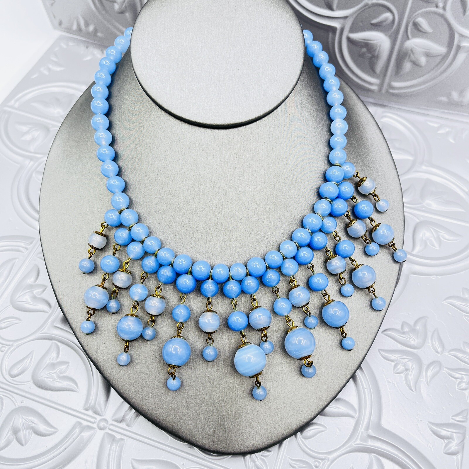 Vintage Periwinkle Blue Czech Glass Beaded Fringe Bib Necklace 16″