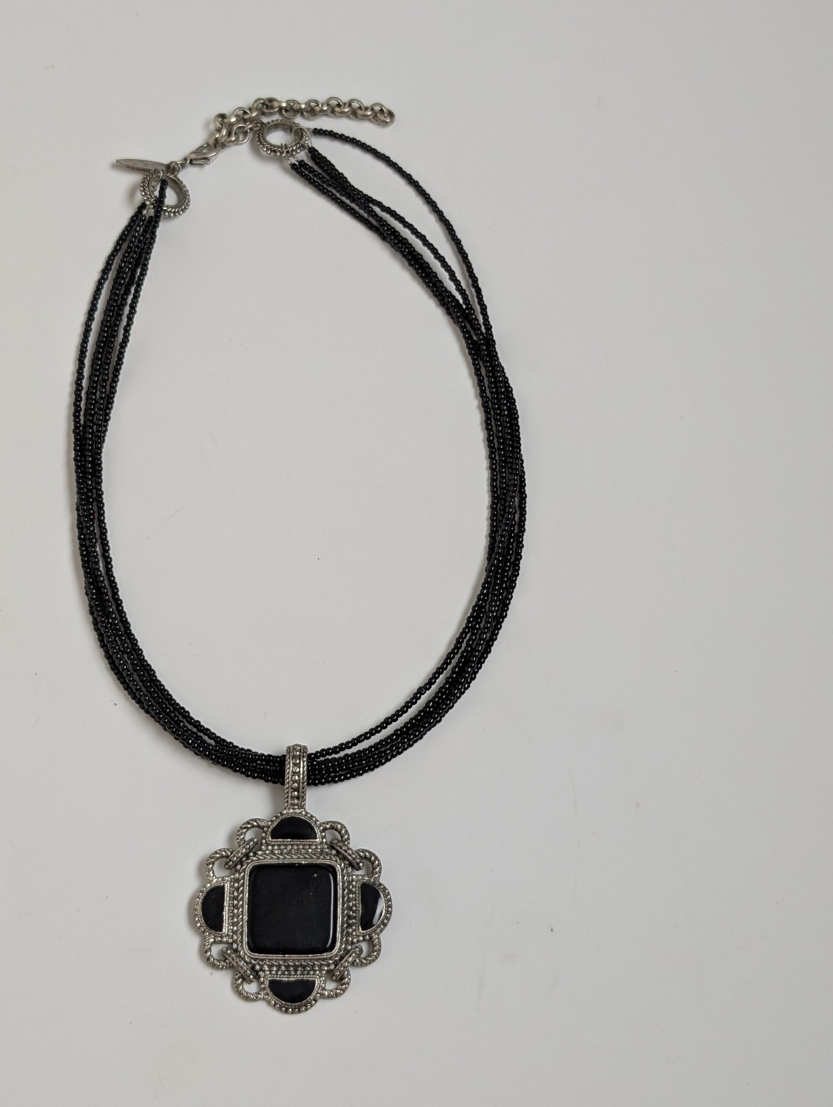 Vintage Black Beaded Necklace with Large Silver Tone Pendant – Gothic Boho Style