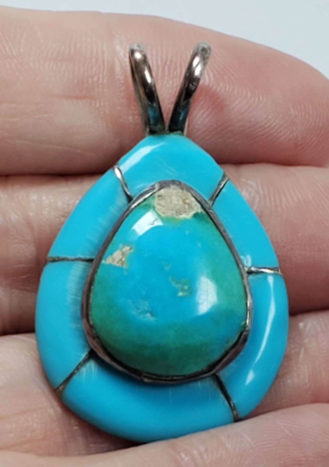 VTG 925 STERLING SILVER Turquoise Teardrop Inlay Pendant 6.47 gm CHIPS