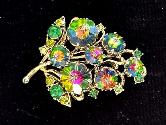 VTG Signed WEISS Gold Tn WATERMELON RIVOLI Rhinestone GRAPES CLUSTER Pin Brooch