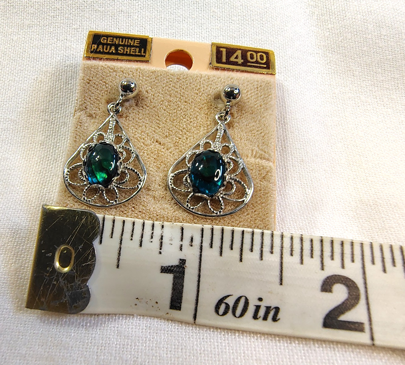 Vintage Paua Shell Silver Tone Earrings Abolone Blue Green Teardrop Filigree