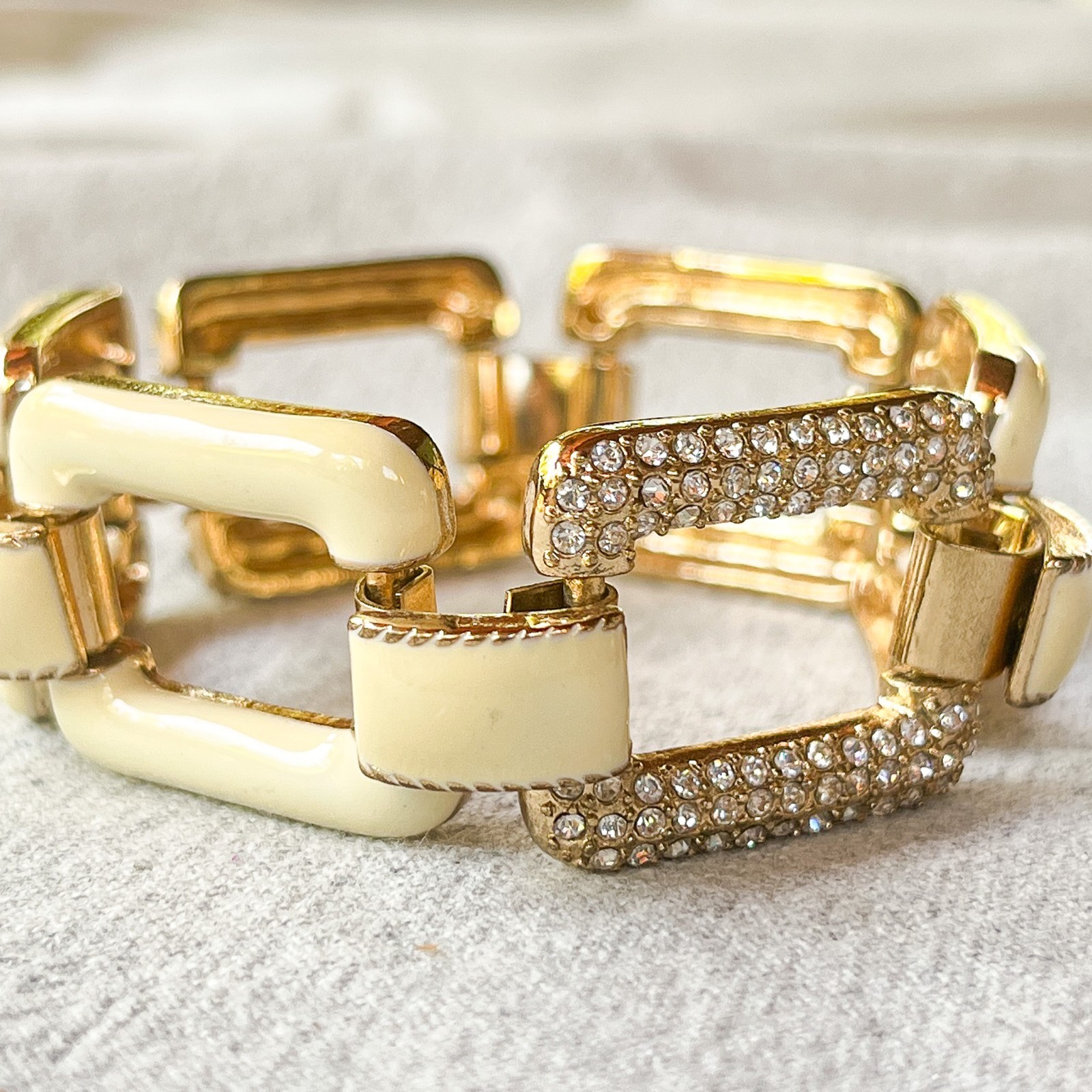 Vintage Ivory Enamel Gold Tone Link Bracelet Rhinestone Statement Chunky Deco