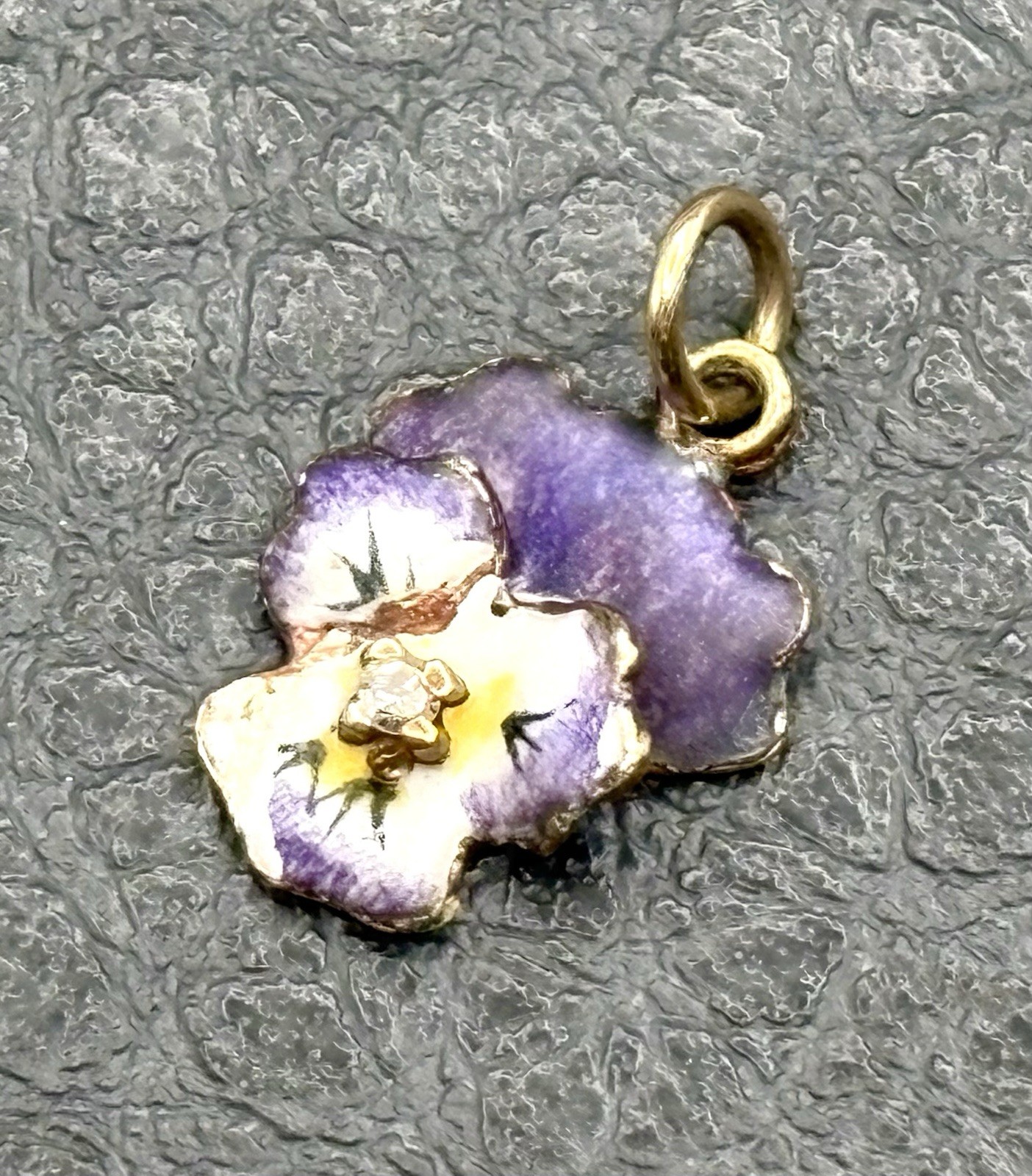 VTG 14K Gold Purple Enamel Pansy Violet Flower Diamond Antique Pendant Or Charm