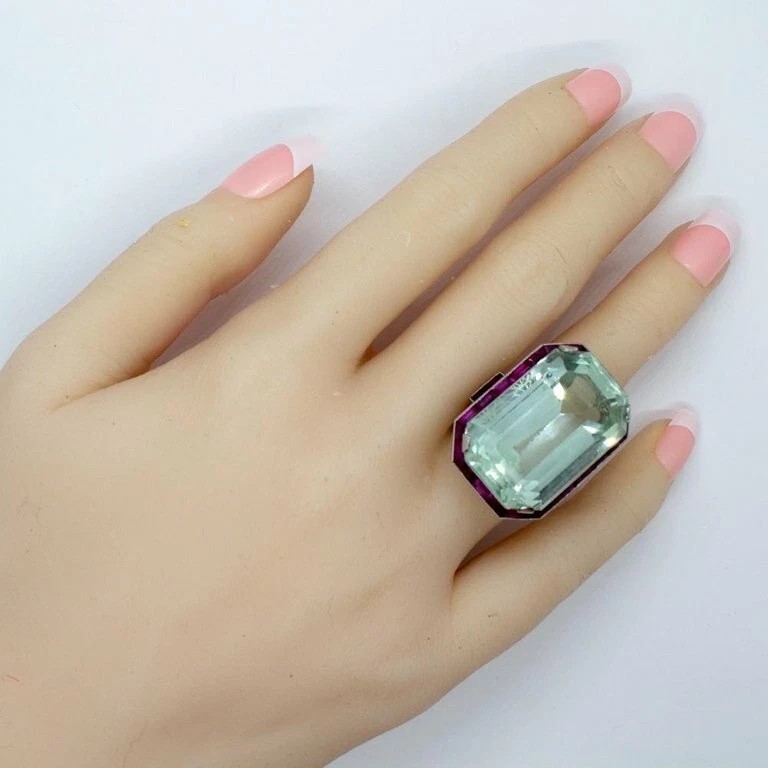 7Ct Art Deco Vintage Style Aquamarine & Ruby Anniversary 14K White Gold FN Ring