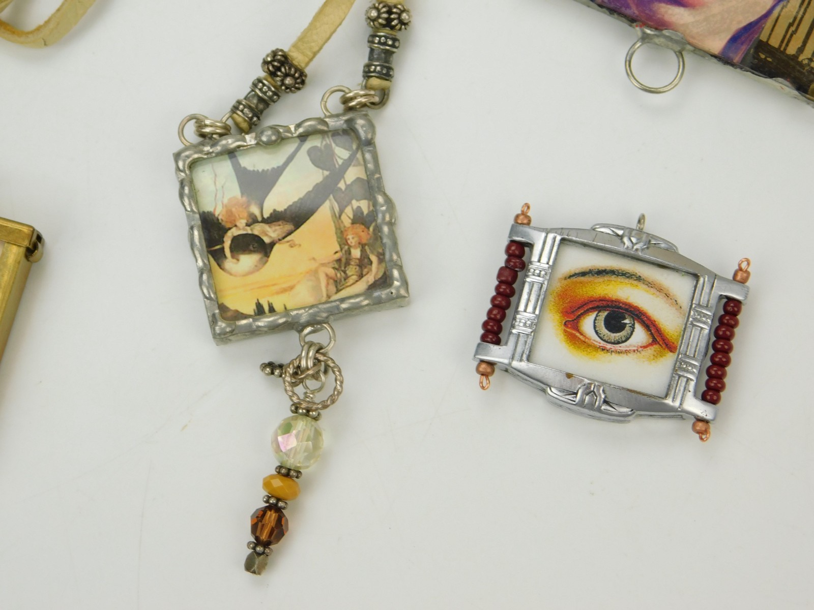 Lot of Artisan Made Jewelry Necklace Pendants Brooch Glass Eyes Hands Keys Birds