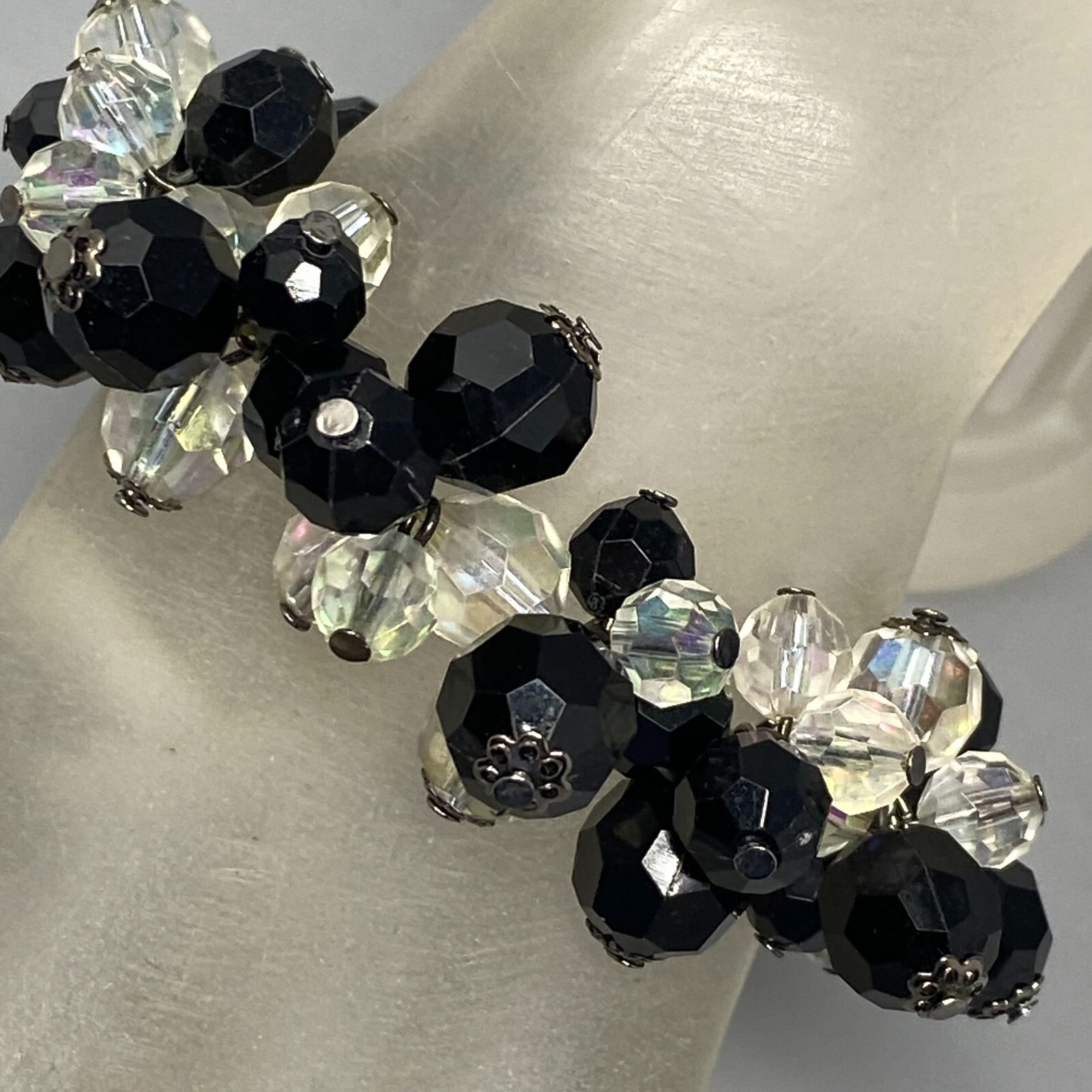 Bead Cluster Bracelet Black Clear Aurora Borealis Acrylic Faceted Stretch 7″