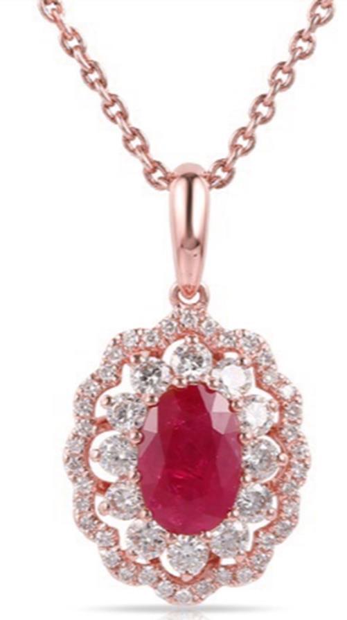 1.53CT DIAMOND & AAA RUBY 14KT ROSE GOLD 3D OVAL & ROUND FLOWER FLOATING PENDANT