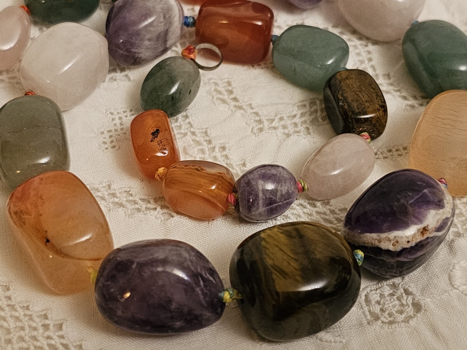 Vintage Natural Carnelian Agate Jade Aventurine Tiger’s Eye Bead Necklace